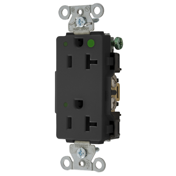 Hubbell Wiring Device-Kellems Straight Blade Devices, Decorator Duplex Receptacle, Hospital Grade, Hubbell-Pro, LED Indicator, 20A 125V, 2-Pole 3-Wire Grounding, 5-20R, Black 2182BKL